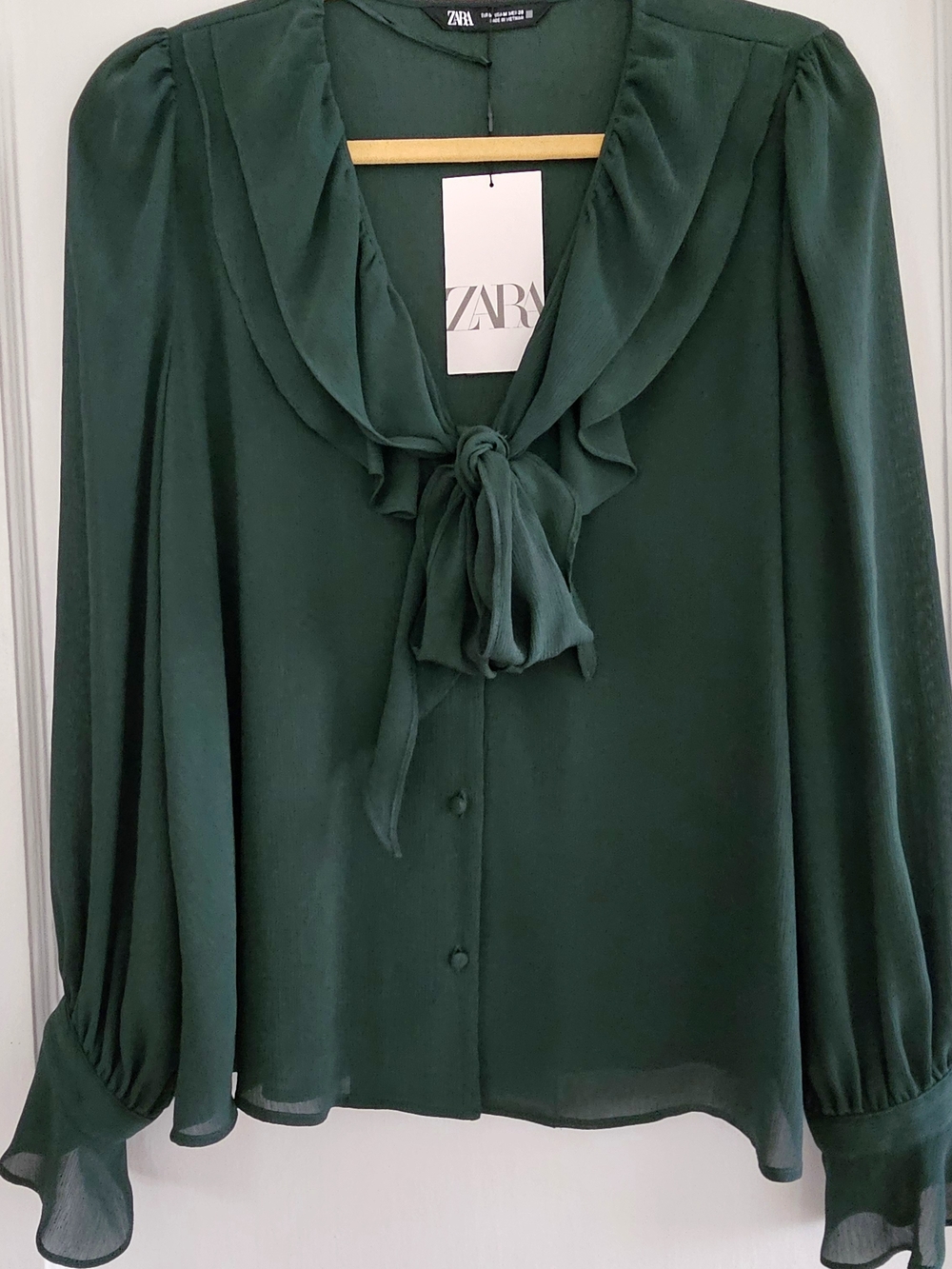 ZARA Deep Forest Green Tie-Neck Blouse Medium NWT